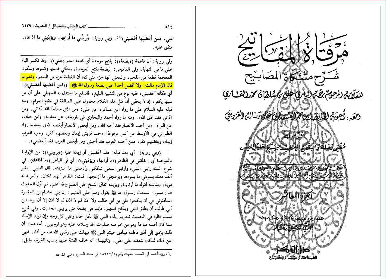 مالک بن انس (امام مالکی مذهبان): هیچ کس را بر دختر پیامبر صلی الله علیه و آله و سلم برتری نمی دهم!